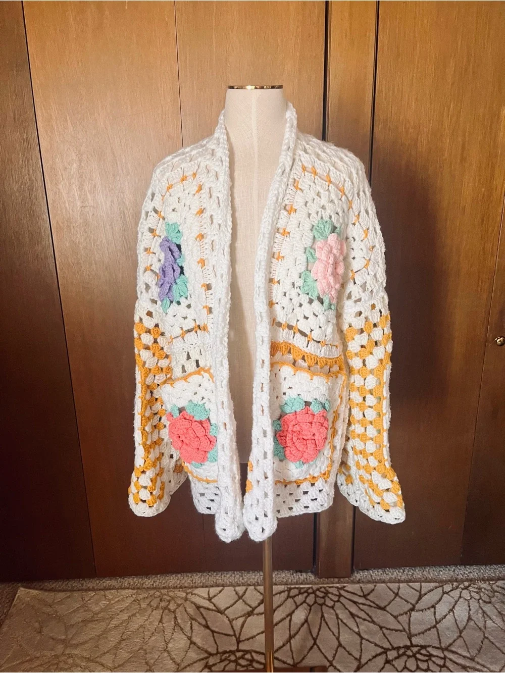 Adorable Handmade White Crochet Floral Cardigan Sweater - Picture 6 of 6